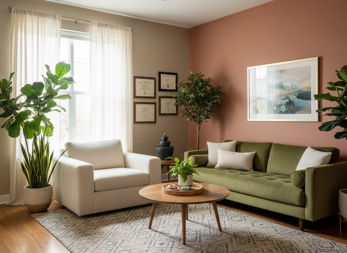 Calm therapy room with comfortable seating and plants